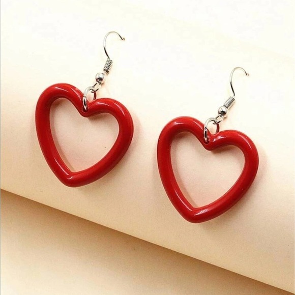Red Heart Earrings Resin Heart Shaped Earrings Silver Hook Closure Heart Earring - Picture 5 of 7